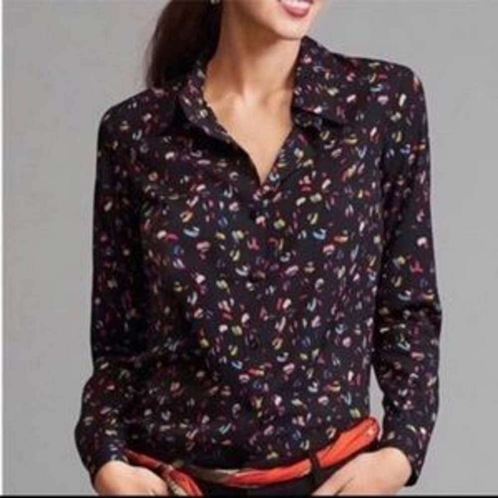 CABI Ferris Confetti Top Womens Large Black Multicolor Long Sleeve Career Shirt